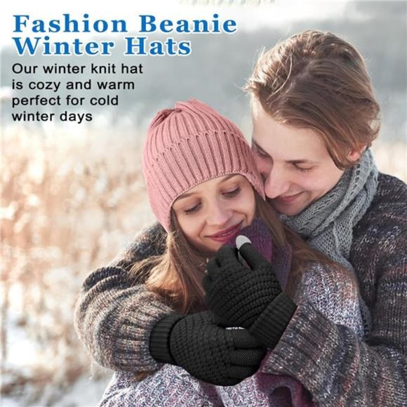 6 Pieces Women\'s Winter Knitted  Beanie Hat Gloves Set